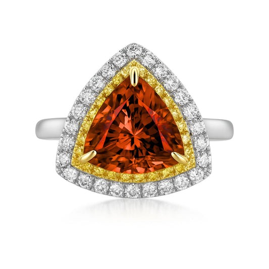 14K 3.47ct Trilliant Mandarin Garnet 0.59cttw Yellow & White Diamonds Ring