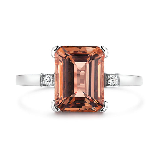 14K 3.59ct Emerald Cut Orange Congo Tourmaline 0.10cttw VS White Diamonds Ring