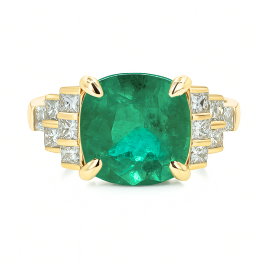 14K 3.93ct Cushion Colombian Emerald 0.55cttw VS White Diamonds Ring