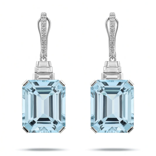 14K 36.62cttw Emerald Cut Santa Maria Aquamarine 1.01cttw VS White Diamonds Drop Earrings