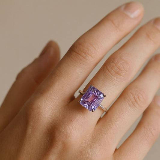 14K 4.04ct Emerald Cut Kunzite 0.15cttw VS White Diamonds Ring