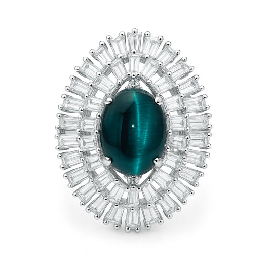 14K 4.20ct Oval Cat's Eye Indicolite 2.52cttw Baguette & Round White Diamond Ring