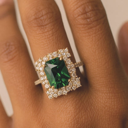 14K 4.22ct Radiant Cut Green Zircon 0.76cttw VS White Diamonds Ring