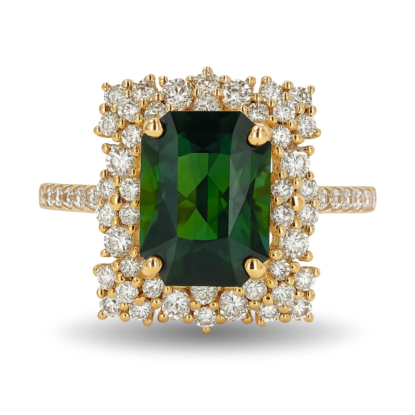 14K 4.22ct Radiant Cut Green Zircon 0.76cttw VS White Diamonds Ring
