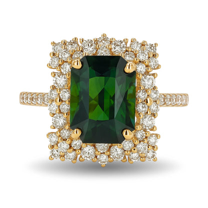 14K 4.22ct Radiant Cut Green Zircon 0.76cttw VS White Diamonds Ring