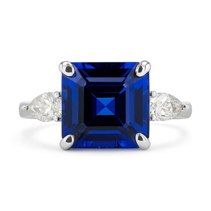14K 4.25ct Asscher Cut Blue Wing Tanzanite 0.47cttw Pear Shape VS White Diamonds Ring