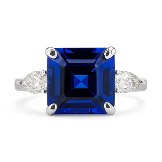 14K 4.25ct Asscher Cut Blue Wing Tanzanite 0.47cttw Pear Shape VS White Diamonds Ring