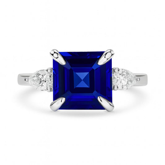 14K 4.25ct Asscher Cut Blue Wing Tanzanite 0.47cttw Pear Shape VS White Diamonds Ring