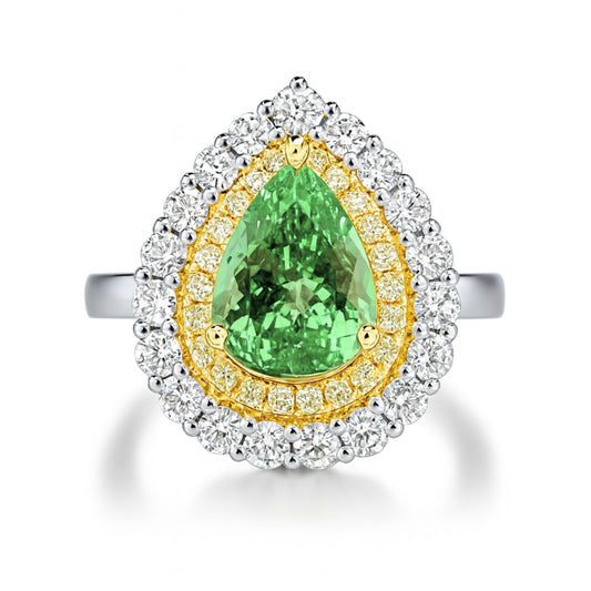 14K 4.33ct Pear Shape Merelani Mint Garnet 1.44cttw VS Yellow & White Diamonds Ring