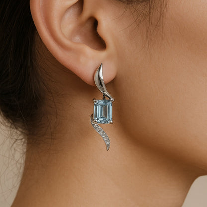 14K 4.33cttw Emerald Cut Santa Maria Aquamarine 0.19cttw VS White Diamonds Drop Earrings