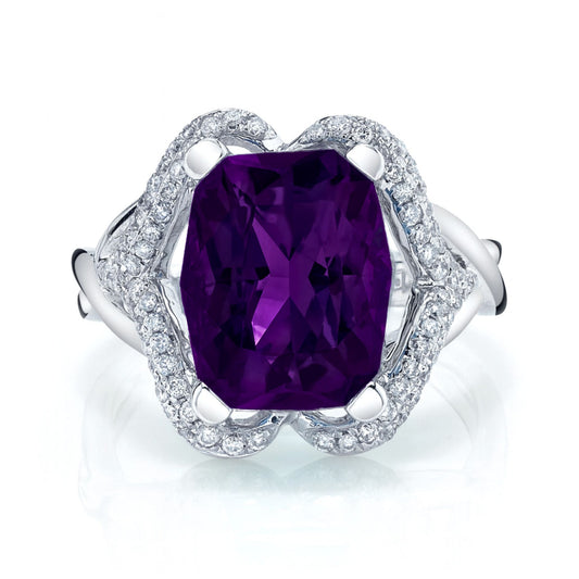 14K 4.36ct Fancy Cut Cushion Amethyst 0.38cttw VS White Diamonds Ring