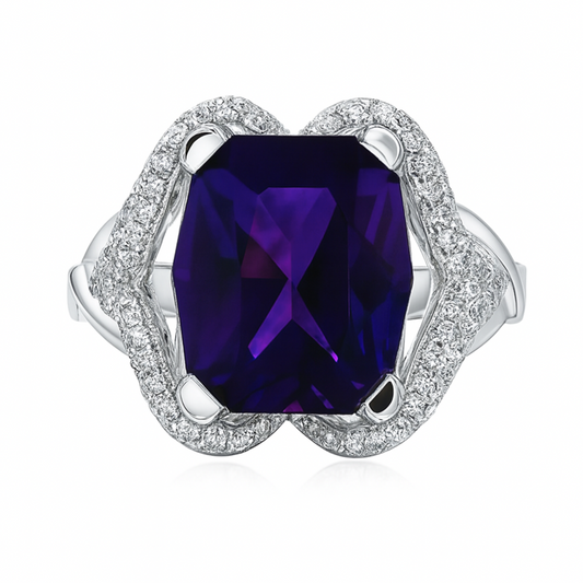 14K 4.36ct Fancy Cut Cushion Amethyst 0.38cttw VS White Diamonds Ring