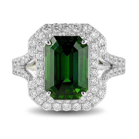 14K 4.50ct Emerald Cut Green Zircon 1.15cttw VS White Diamonds Ring