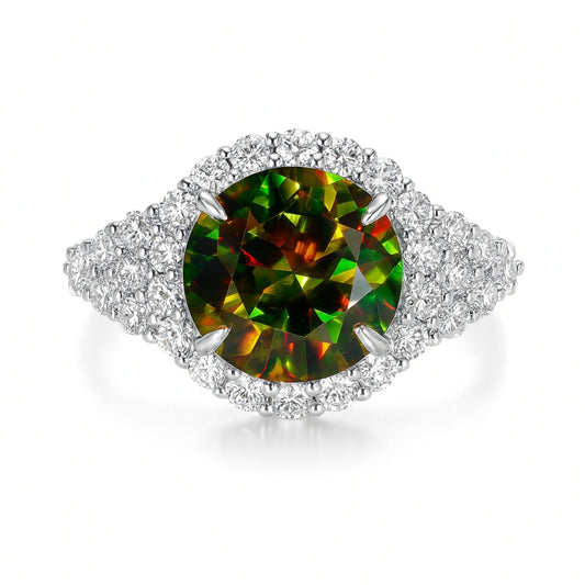 14K 4.75ct Round Private Collection Color Change Sphene 1.32cttw VS White Diamonds Ring