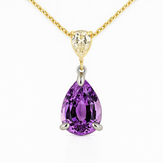 14K 4.82ct Pear Shape Kunzite 0.27ct Pear Shape VS Yellow Diamond Pendant