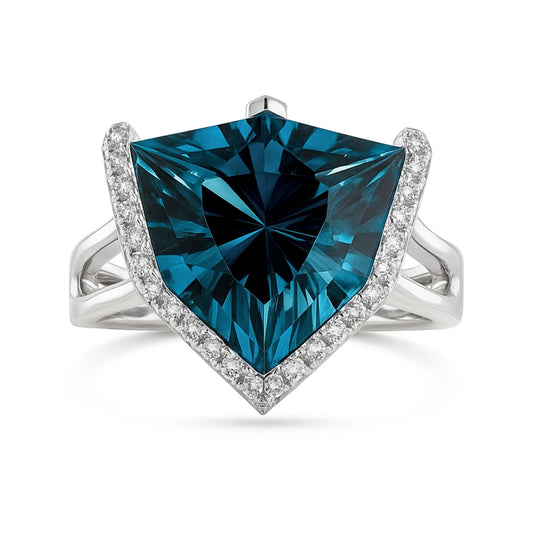 14K 5.00ct Fancy Cut London Blue Topaz 0.26cttw VS White Diamonds Ring
