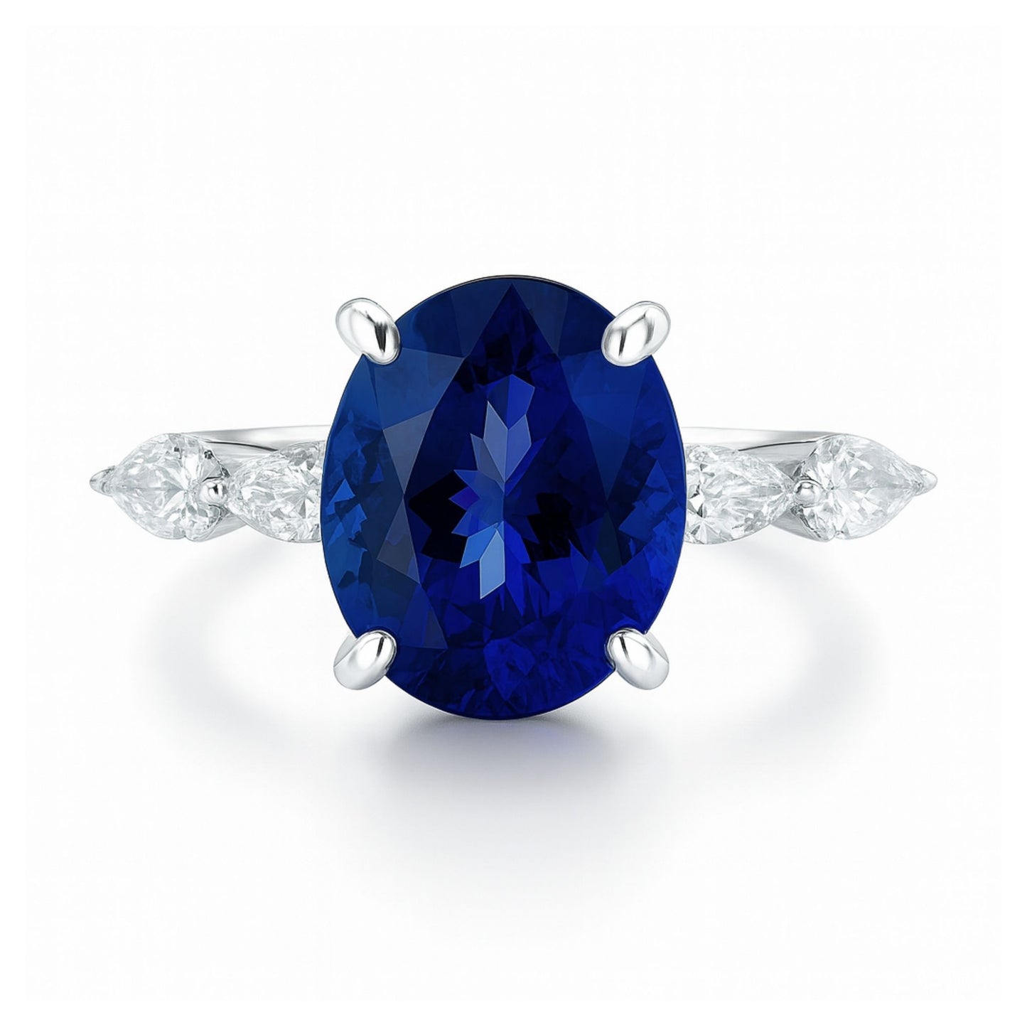 14K 5.09ct Oval Blue Wing Tanzanite 0.47cttw Pear Shape VS White Diamond Ring