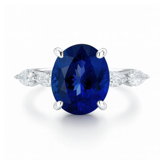 14K 5.09ct Oval Blue Wing Tanzanite 0.47cttw Pear Shape VS White Diamond Ring