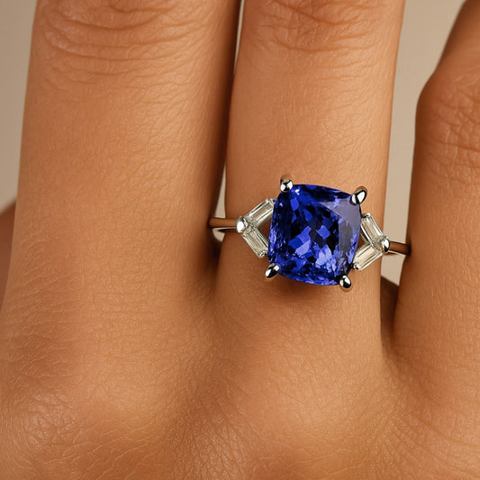 14K 5.12ct Cushion Blue Wing Tanzanite 0.35cttw Baguette White Diamond Ring