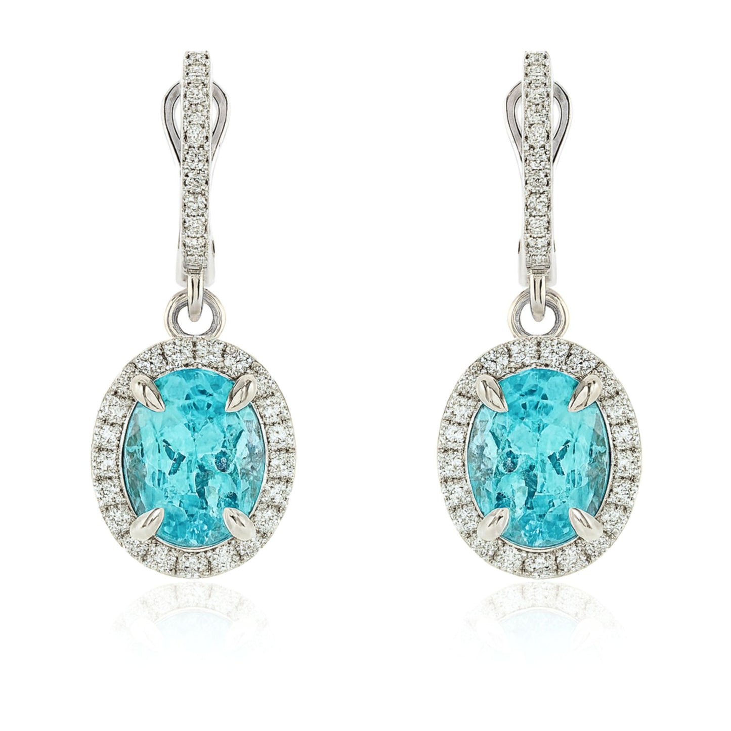 14K 5.14cttw Oval Paraiba 0.90cttw VS White Diamonds Drop Earrings