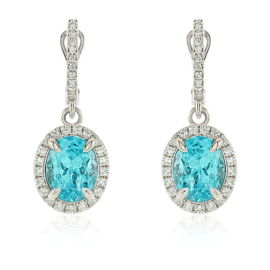 14K 5.14cttw Oval Paraiba 0.90cttw VS White Diamonds Drop Earrings