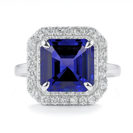 14K 5.21ct Asscher Cut Blue Wing Tanzanite 1.06cttw VS White Diamonds Ring