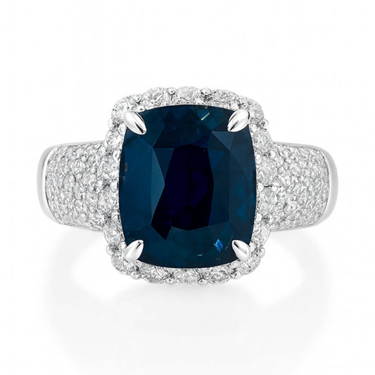 14K 5.49ct Cushion Unheated Teal Sapphire 0.82cttw VS White Diamonds Ring