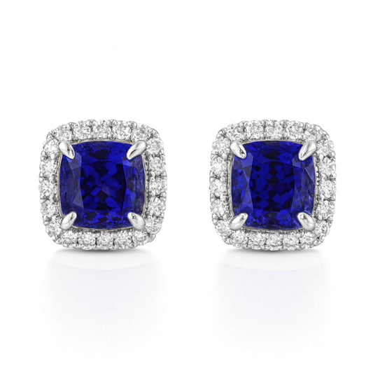 14K 5.61cttw Cushion Blue Wing Tanzanite 0.76cttw VS White Diamonds Stud Earrings