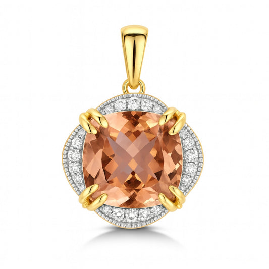 14K 5.75ct Cushion Orange Tourmaline 0.13cttw VS White Diamonds Pendant