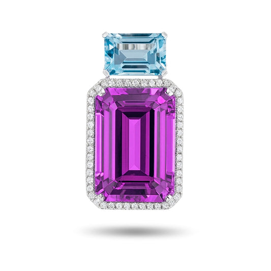 14K 59.05ct Emerald Cut Kunzite 6.49ct Emerald Cut Aquamarine 0.6cttw VS White Diamonds Pendant