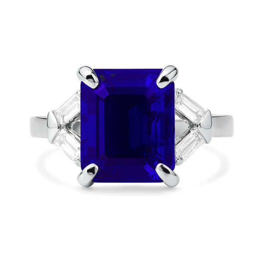 14K 6.31ct Emerald Cut Blue Wing Tanzanite 0.35cttw VS Baguette White Diamond Ring