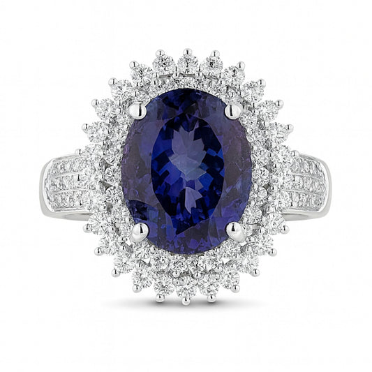 14K 6.31ct Oval Unheated Tanzanite 1.12cttw VS White Diamonds  Ring