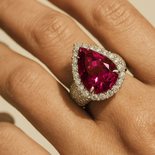 14K 6.44ct Pear Shape Copper Bearing Tourmaline 1.50cttw VS White Diamonds Ring