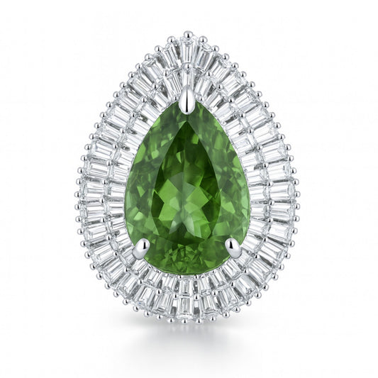 14K 6.48ct Pear Shape Green Paraiba 2.15cttw VS White Diamonds Ring