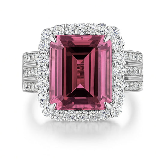 14K 6.83ct Emerald Cut Hot Pink Tourmaline 1.56cttw VS White Diamonds Ring