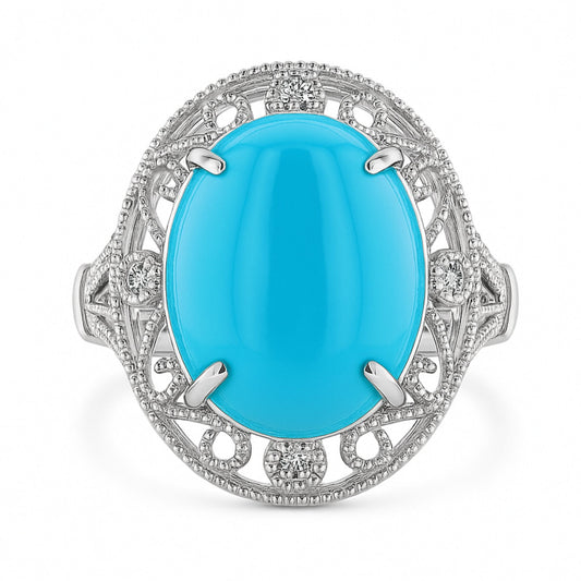 14K 6.84ct Oval Sleeping Beauty Turquoise 0.06cttw VS White Diamonds Ring