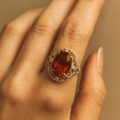 14K 6.98ct Oval Fire Opal 0.06cttw VS White Diamonds Ring