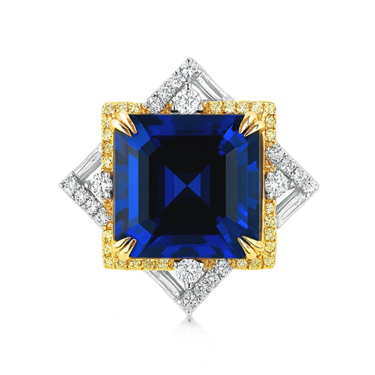 14K 7.04cttw Asscher Cut Blue Wing Tanzanite 0.41cttw VS Yellow & White Diamonds Ring