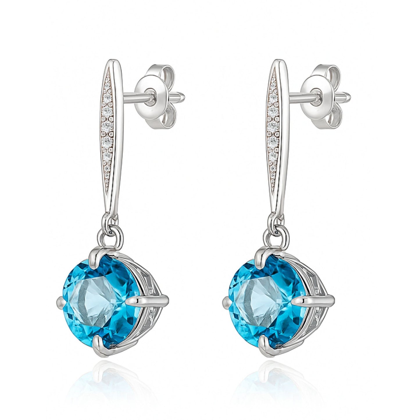 14K 7.05cttw Round Blue Zircon 0.18cttw VS White Diamonds Drop Earrings