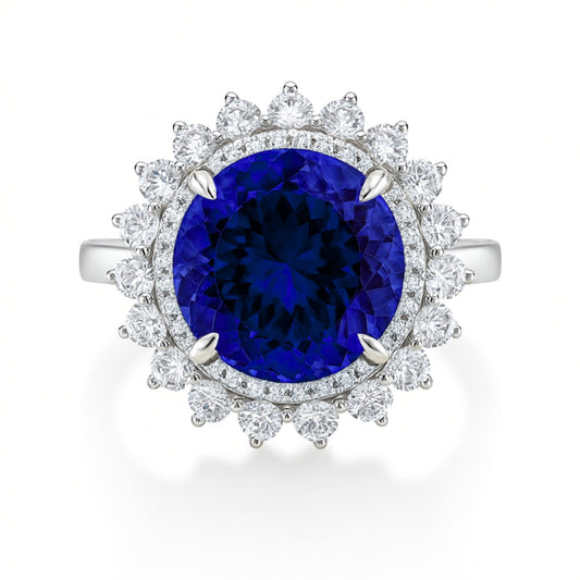 14K 7.06ct Round Blue Wing Tanzanite 1.11cttw VS White Diamonds Ring
