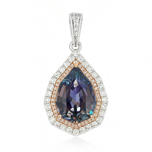 14K 7.31ct Fancy Cut Unheated Tanzanite 0.98cttw VS Pink & White Diamonds Pendant