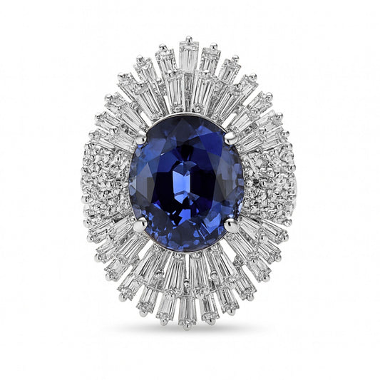 14K 7.40ct Oval Unheated Peacock Tanzanite 3.58cttw VS White Diamonds Ring