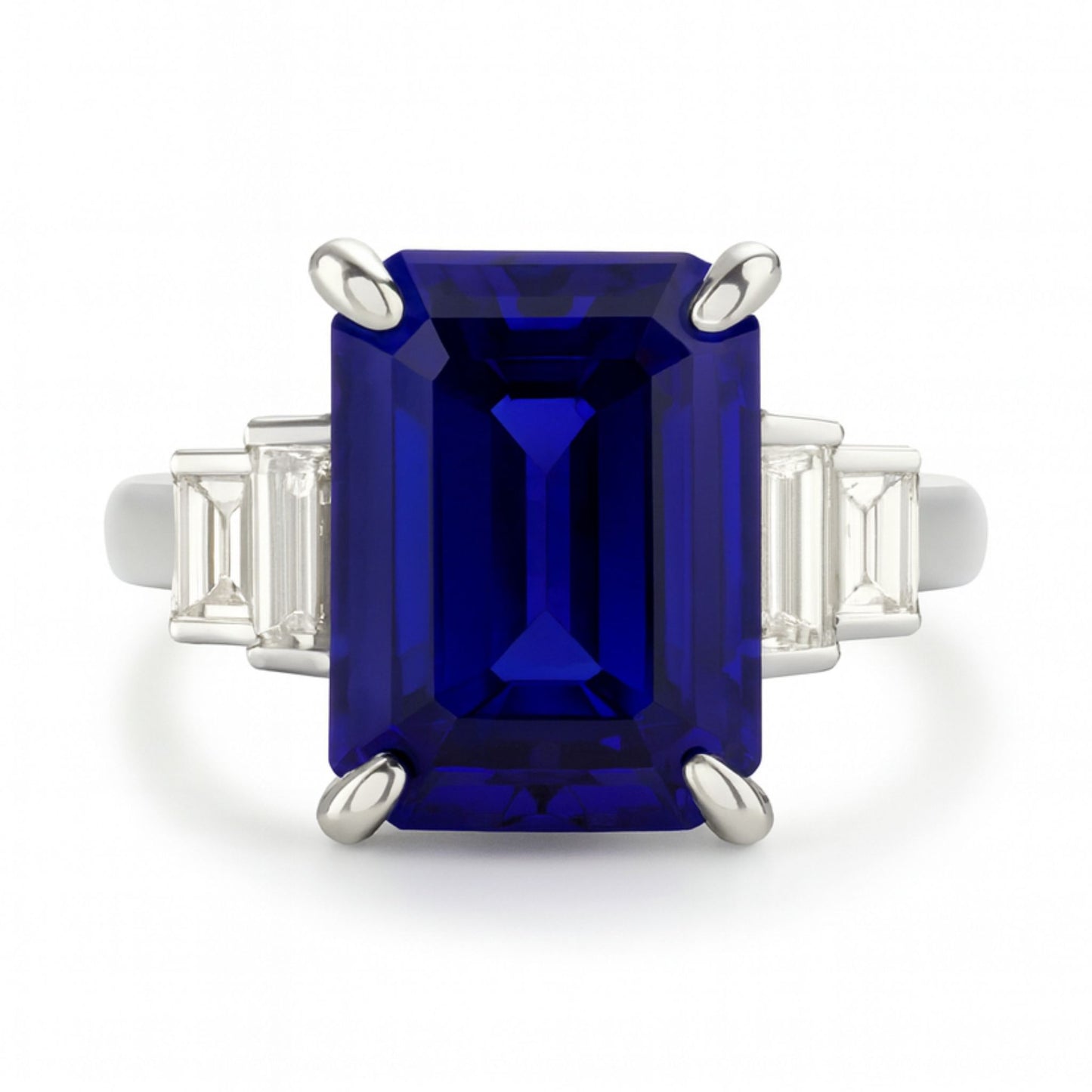 14K 7.55ct Emerald Cut Blue Wing Tanzanite 0.98cttw VS Baguette & Round White Diamonds Ring
