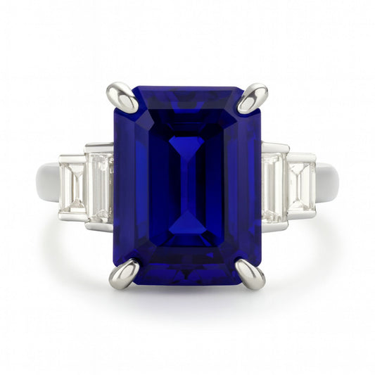 14K 7.55ct Emerald Cut Blue Wing Tanzanite 0.98cttw VS Baguette & Round White Diamonds Ring