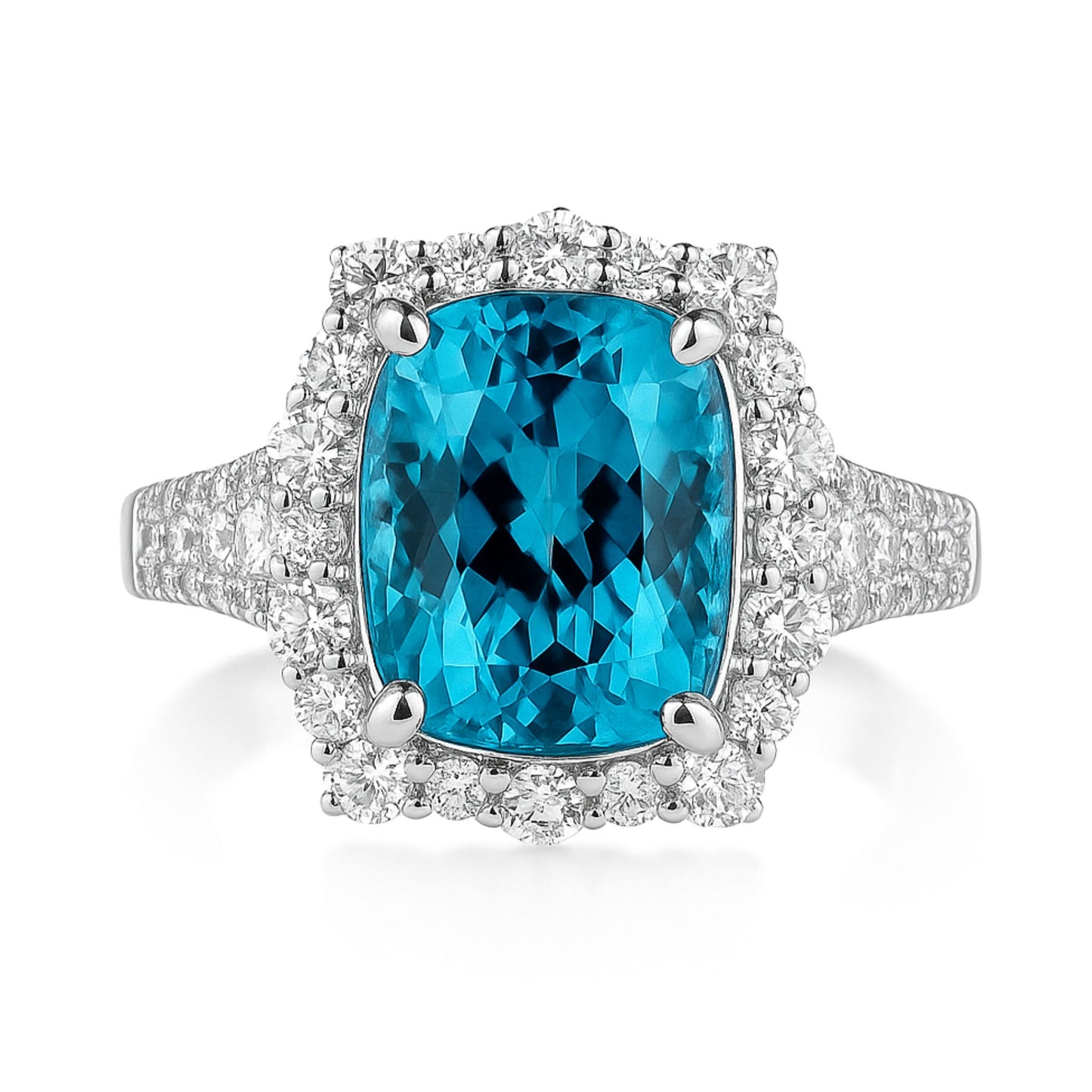14K 7.72ct Cushion Blue Zircon 1.01cttw VS White Diamonds Ring