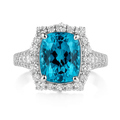 14K 7.72ct Cushion Blue Zircon 1.01cttw VS White Diamonds Ring