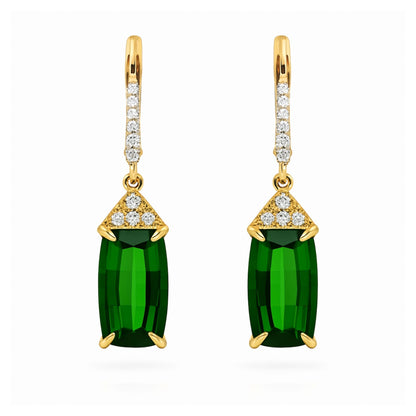 14K 7.83cttw Cushion Green Tourmaline 0.20cttw VS White Diamonds Drop Earrings