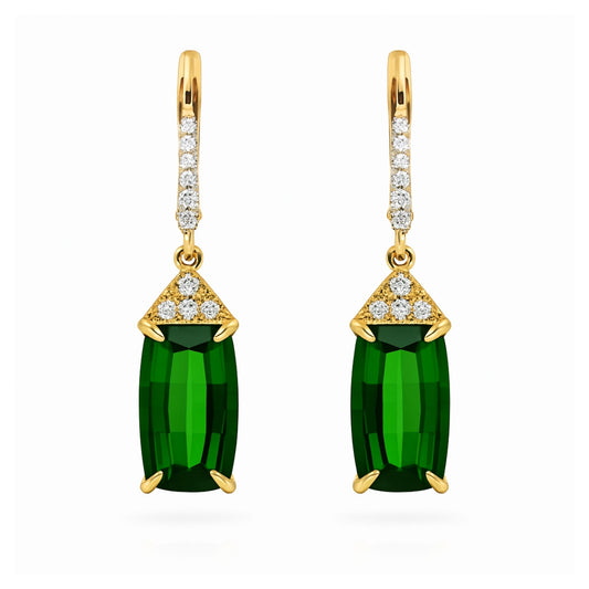 14K 7.83cttw Cushion Green Tourmaline 0.20cttw VS White Diamonds Drop Earrings