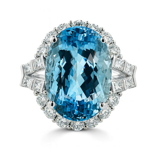 14K 8.05ct Oval Santa Maria Aquamarine 1.31cttw VS White Diamonds  Ring