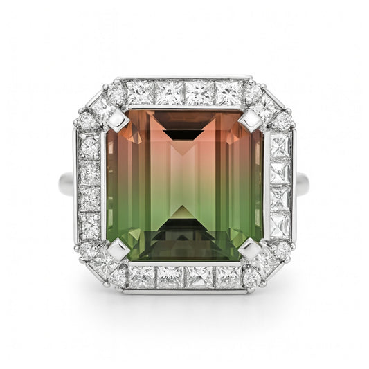 14K 8.21ct Emerald Cut Bi-Color Tourmaline 1.26cttw VS White Diamonds Ring